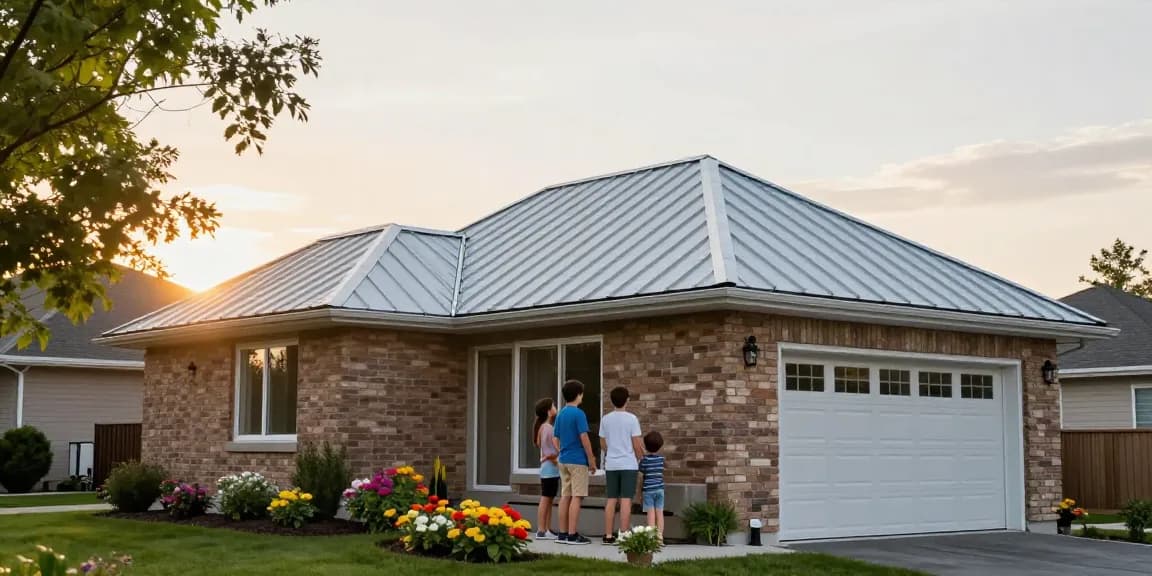 Metal roofing Mississauga on a suburban home with family discussing benefits in a sunny garden.