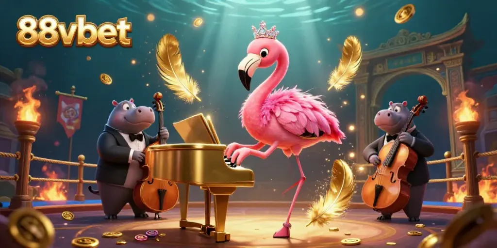 Experience the energetic scene with 88vbet characters at a casino, featuring a flamingo singer and hippo bassist.