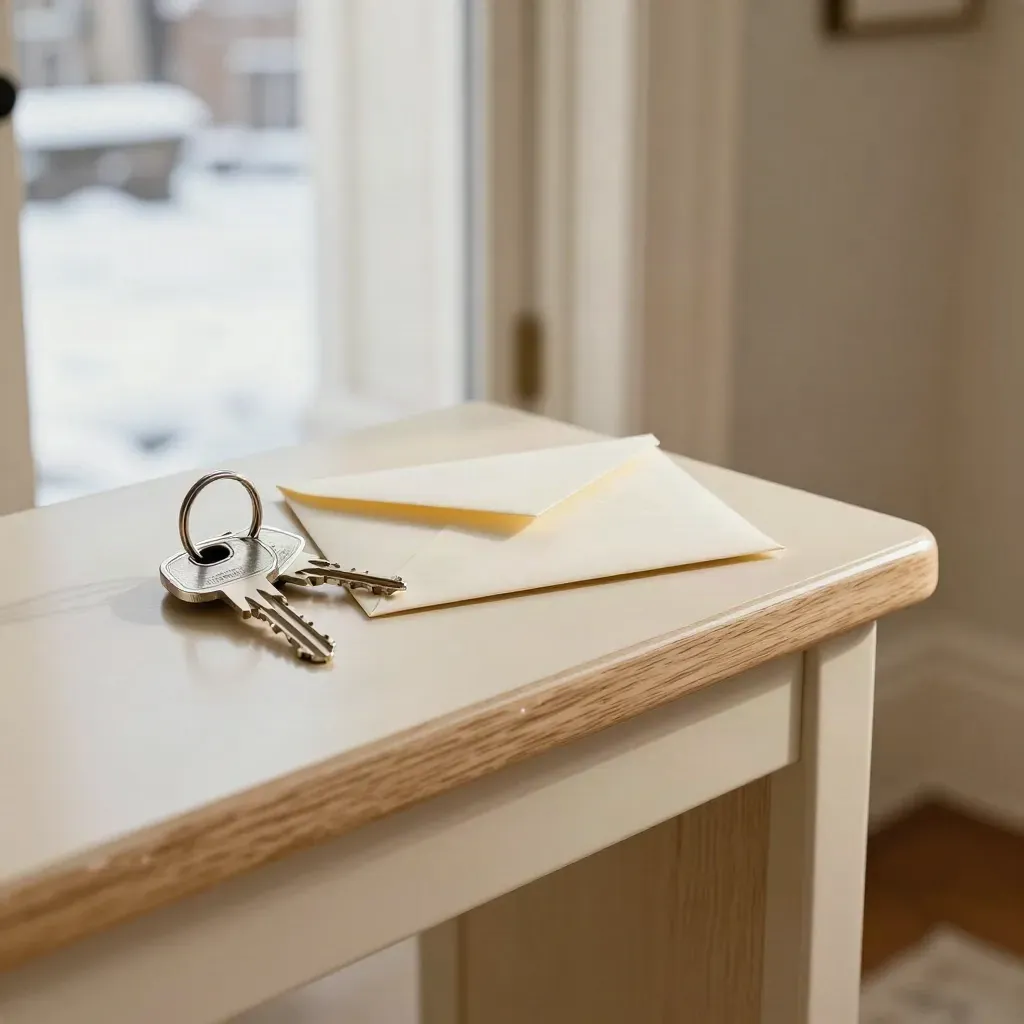 Townhouse keys, closing envelope, and key tray on a bright winter foyer console