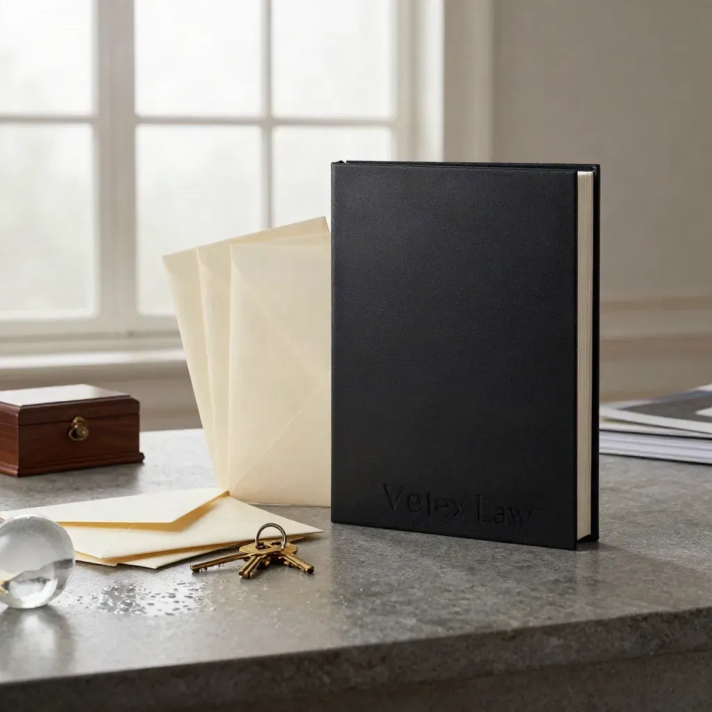 Law office binder with envelopes, keys, will box, and paperweight on stone