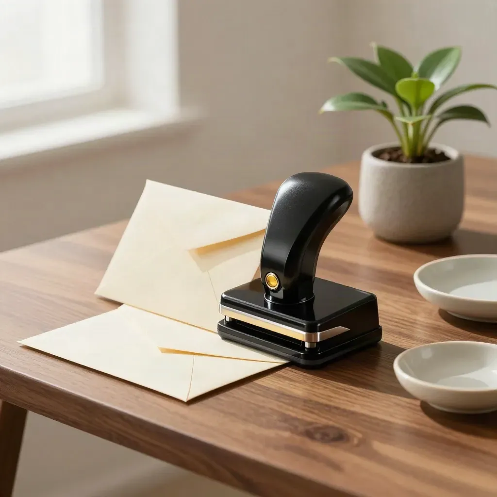 Black seal embosser and blank envelope with plant and dish on a warm wood desk