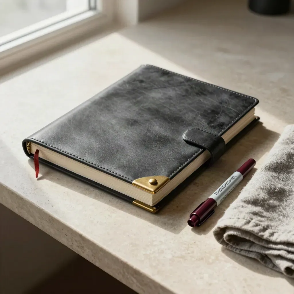 Top-down legal matter folio, review sleeves, brass weight, oxblood marker and linen cloth on stone.