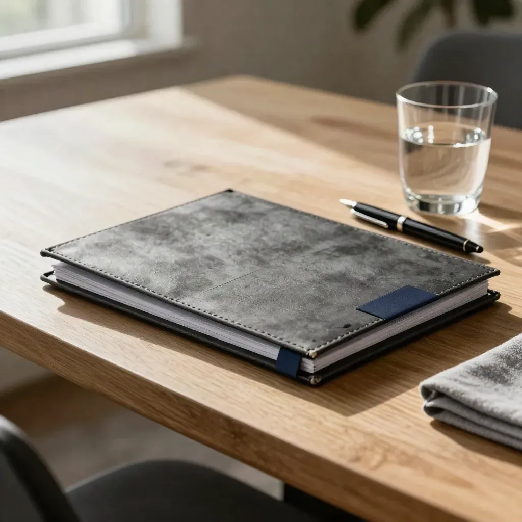 Charcoal contract folder, pen, water glass, and grey cloth on a warm conference table in soft window light