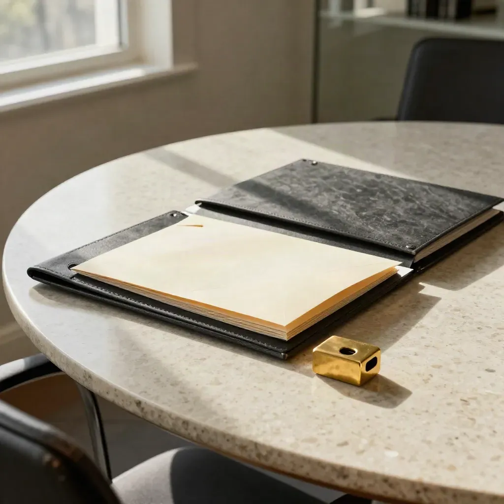 Legal folders, split invoice envelope, and brass paperweight on a travertine meeting table.