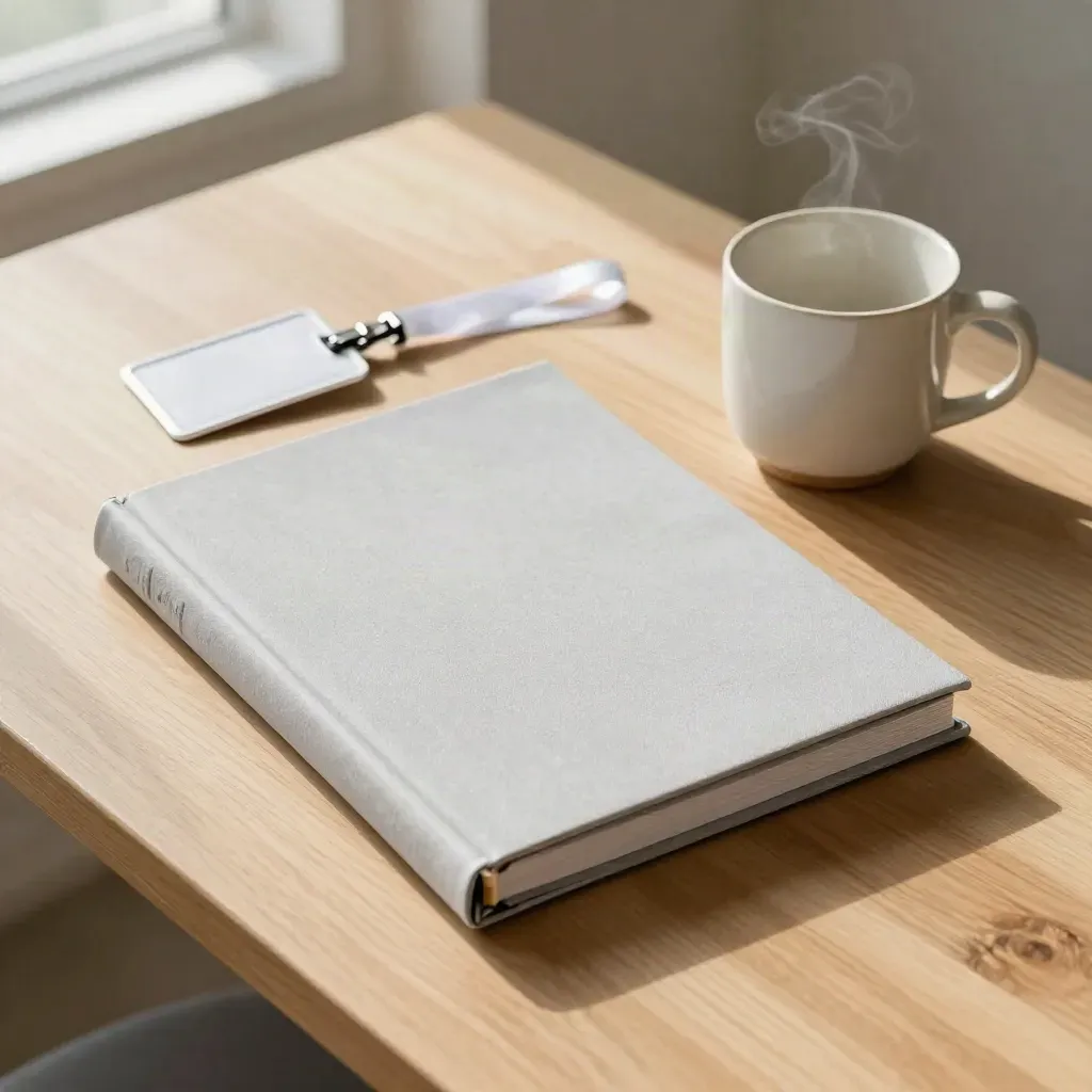 Binder, badge reel, and mug on a maple tabletop in soft morning light.
