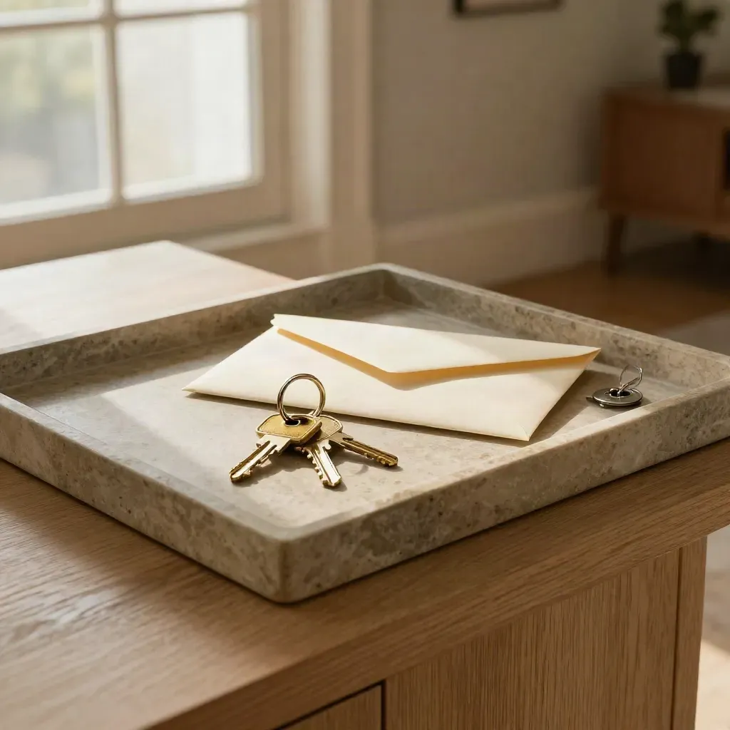 Brass keys and a closing envelope on a stone tray by a sunlit entry console.