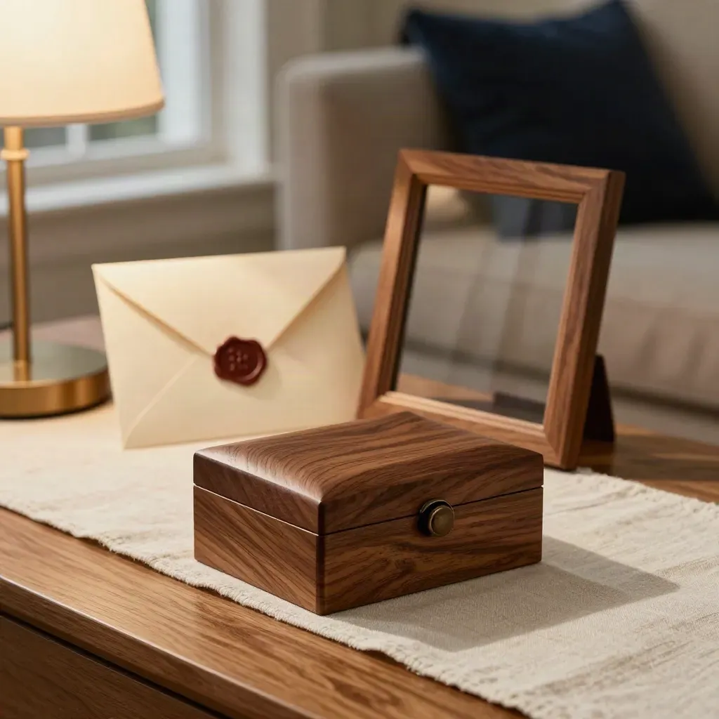 Walnut keepsake box, sealed estate envelope, and turned family frame on a warm side table.