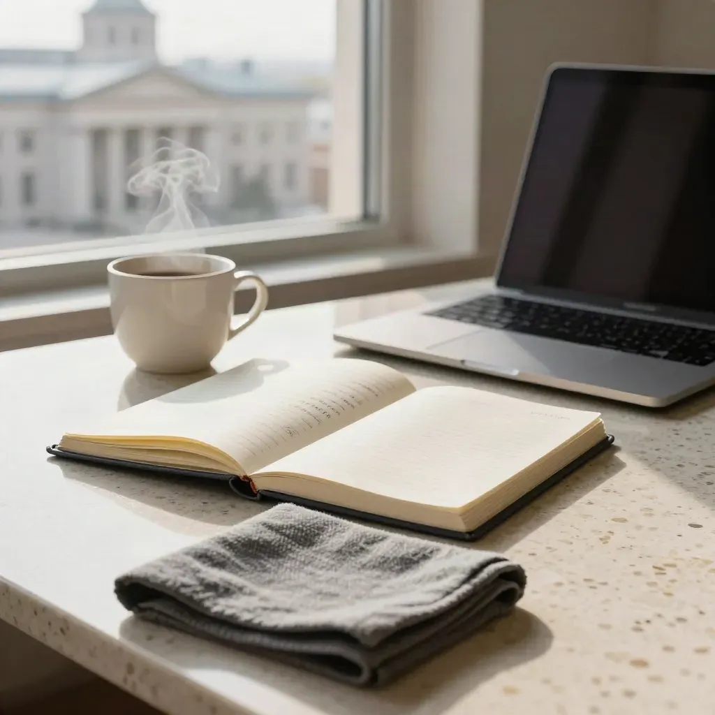 Open notebook, laptop, coffee cup, and grey cloth on a bright law office table.