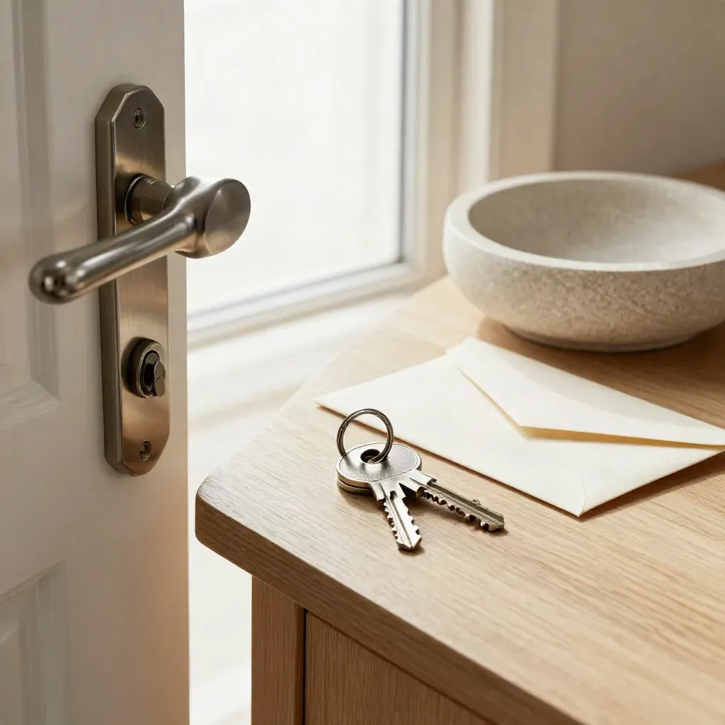 Closing keys, pale envelope, and stone catchall by a doorway in soft light.