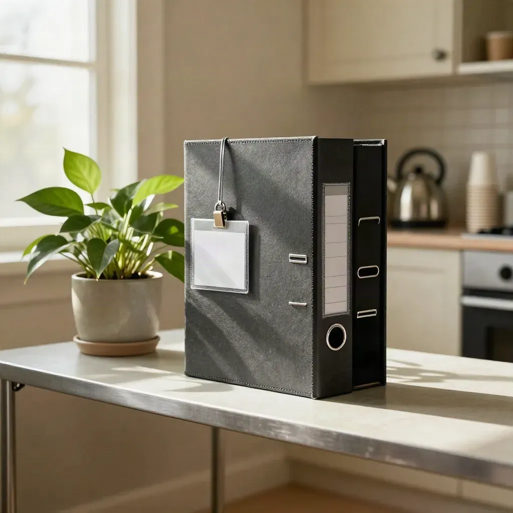 Break-room shelf with closed policy binder, blank name tags, and a potted plant in soft light.