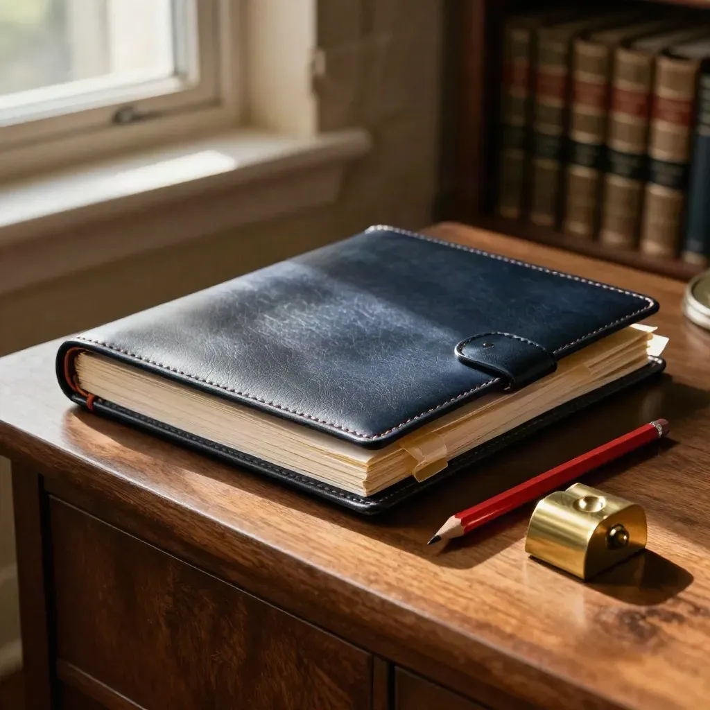 Legal review folio with red pencil and tabbed pages on a warm walnut side desk.