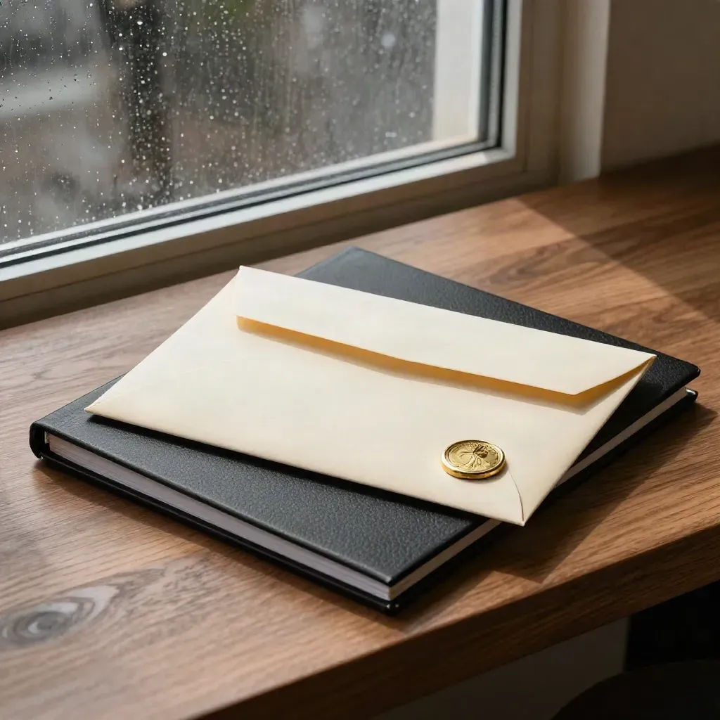 Corporate kit envelope, black binder, and brass seal on a walnut bench by a rainy window.