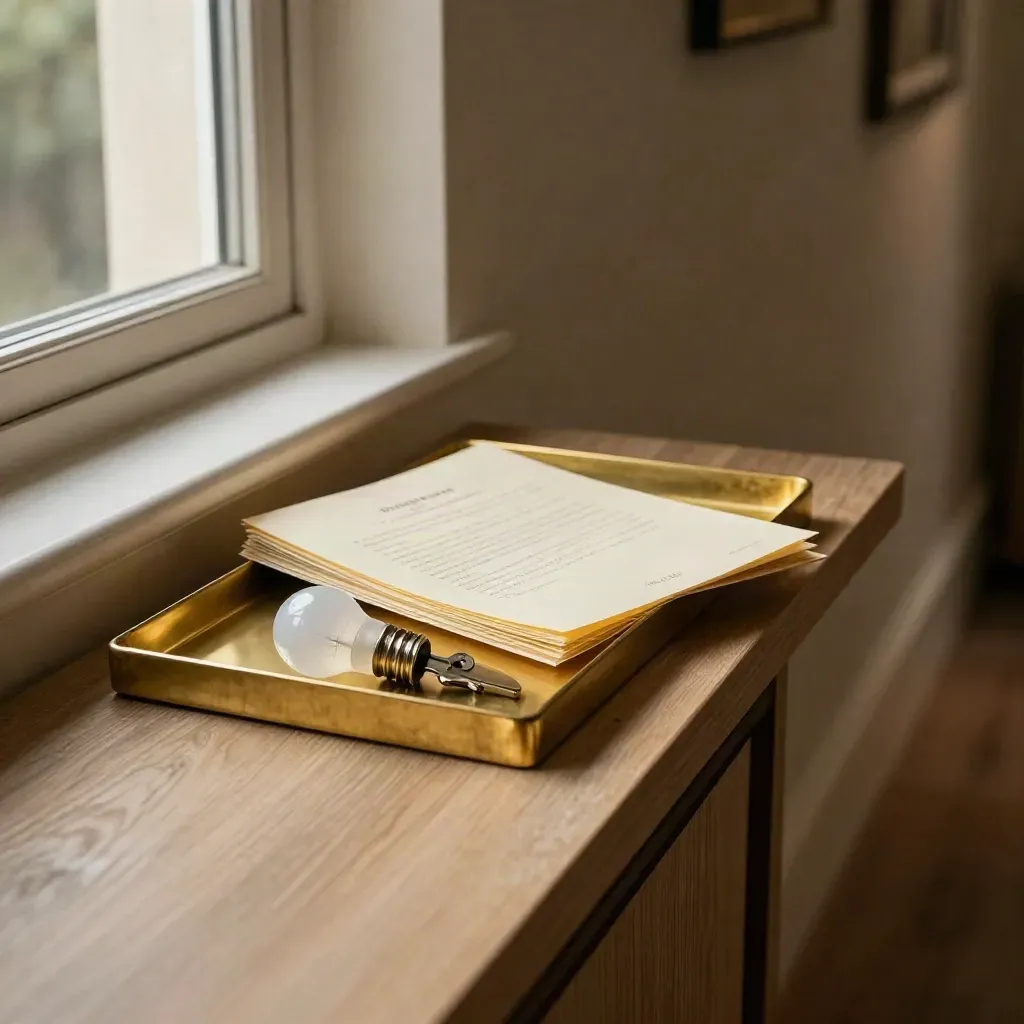 Brass key tray, lease folder, and spare bulb on a hallway console by a dim window.