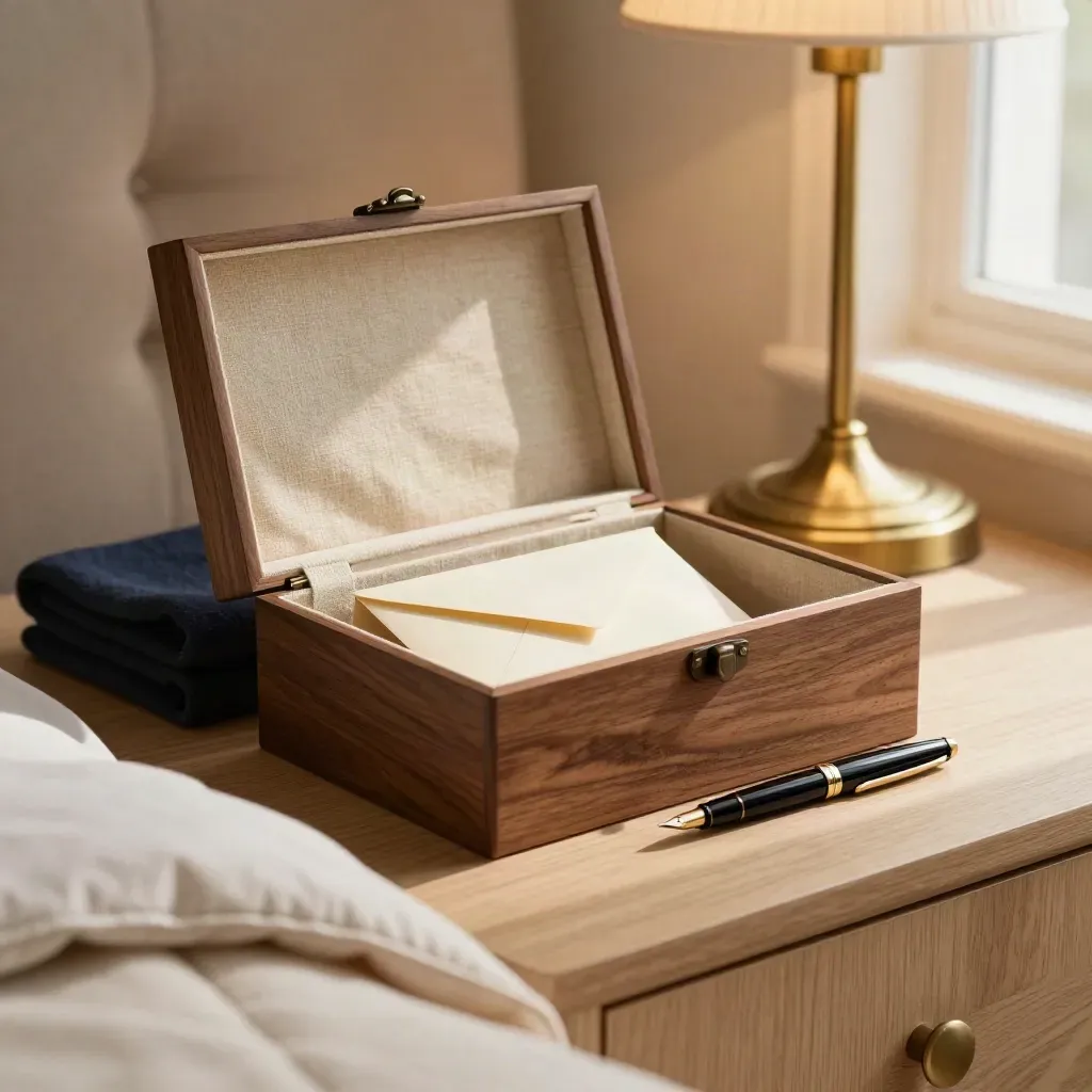 Warm keepsake box, sealed envelope, and fountain pen on a bedside table in soft evening light.