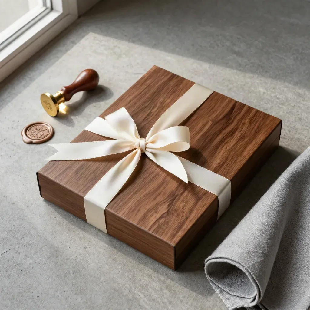Walnut estate document box tied with cream ribbon beside a wax seal stamp and grey cloth on concrete.