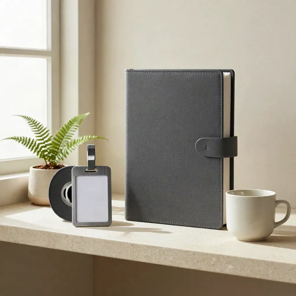 Badge reel, onboarding binder, fern and ceramic cup on a stone shelf in soft side light