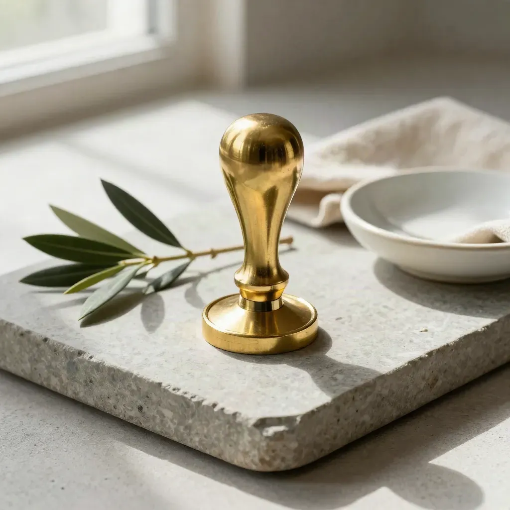 Brass company seal embosser on stone tray with olive branch, flax cloth, and ceramic dish.
