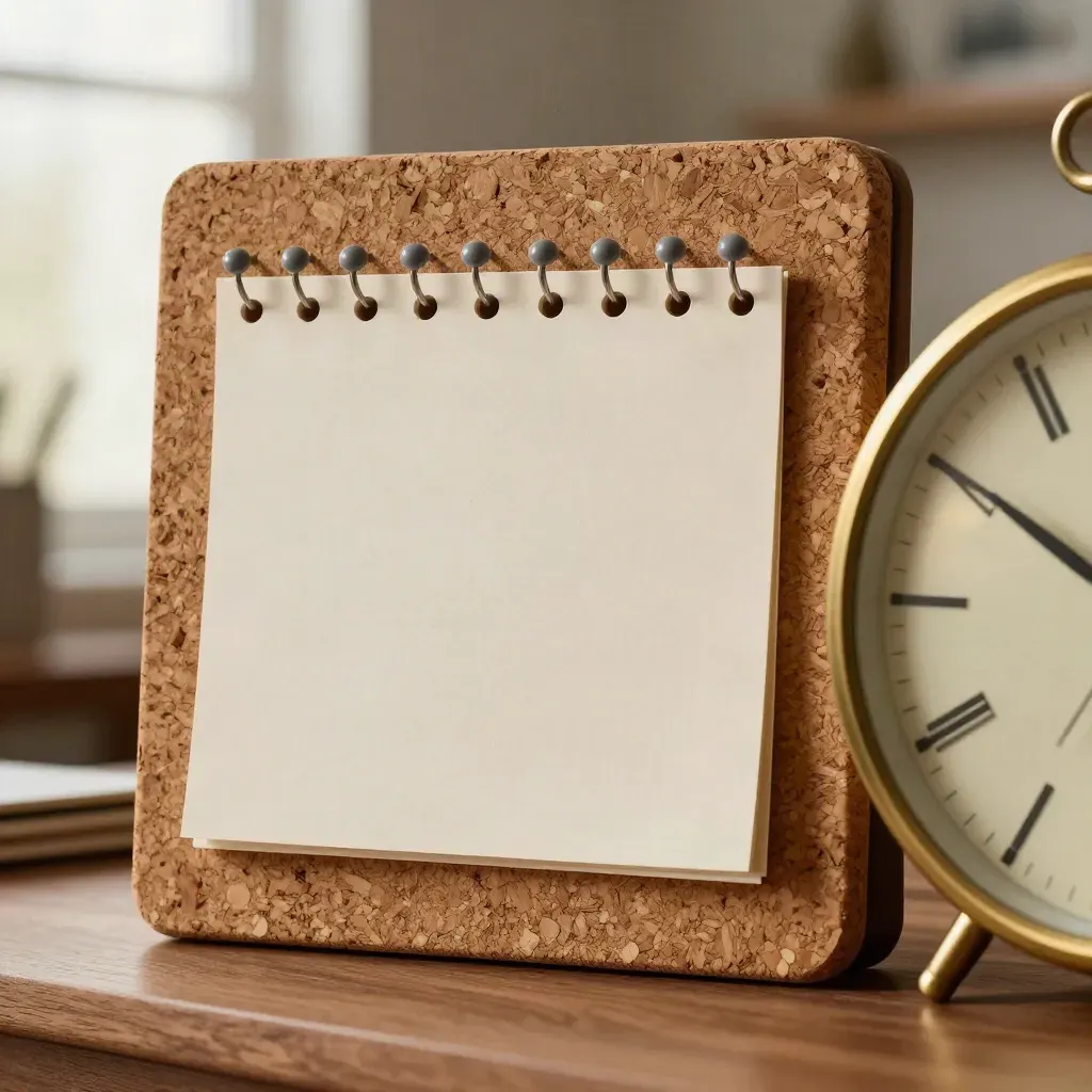 Cork reminder board with blank cards and a brass clock on a warm desk in soft morning light.