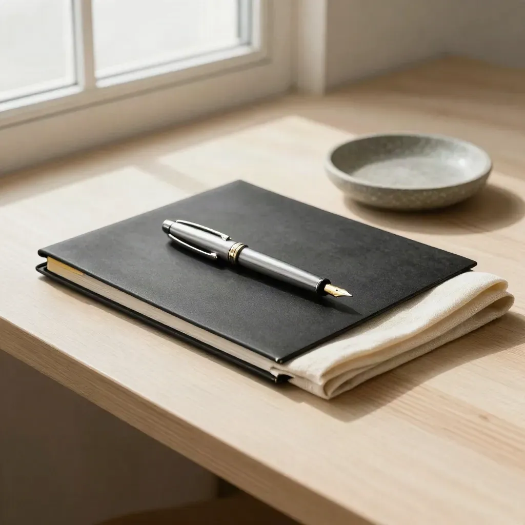 Silver fountain pen on a matte black folder beside cloth and stone dish, softly lit on pale wood.