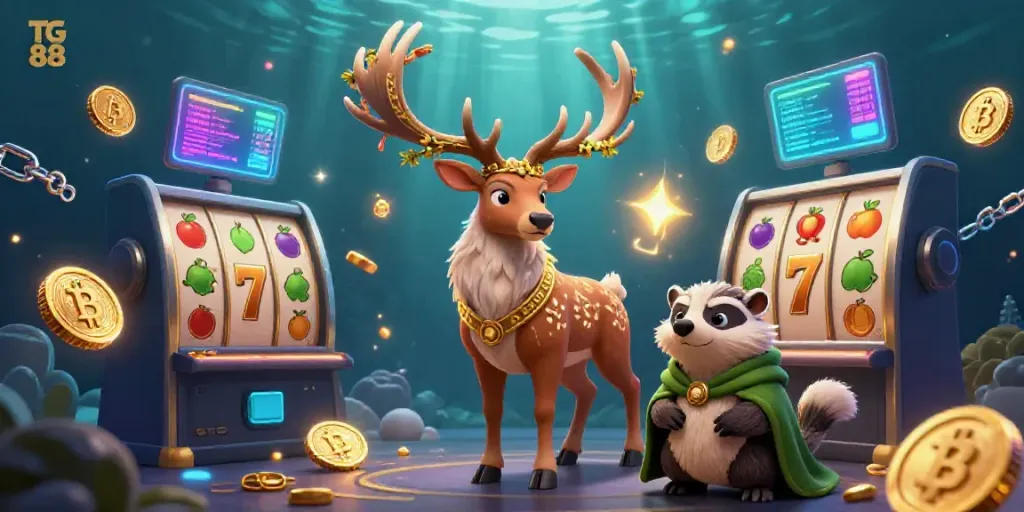 Engage with the exciting TG 88 casino experience, featuring a mystical druid stag amid vibrant slot symbols and crypto coins.