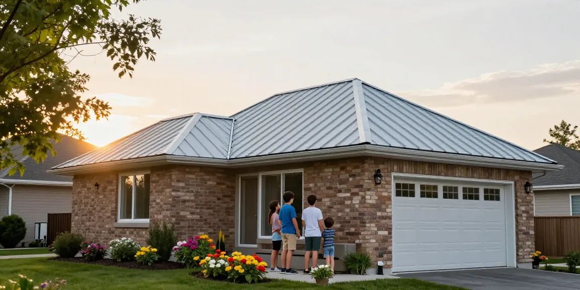 Metal roofing Mississauga on a suburban home with family discussing benefits in a sunny garden.