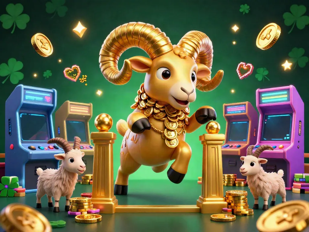 Engage in thrilling gameplay with the ea88 golden ram headbutting coins at a vibrant casino arcade scene.
