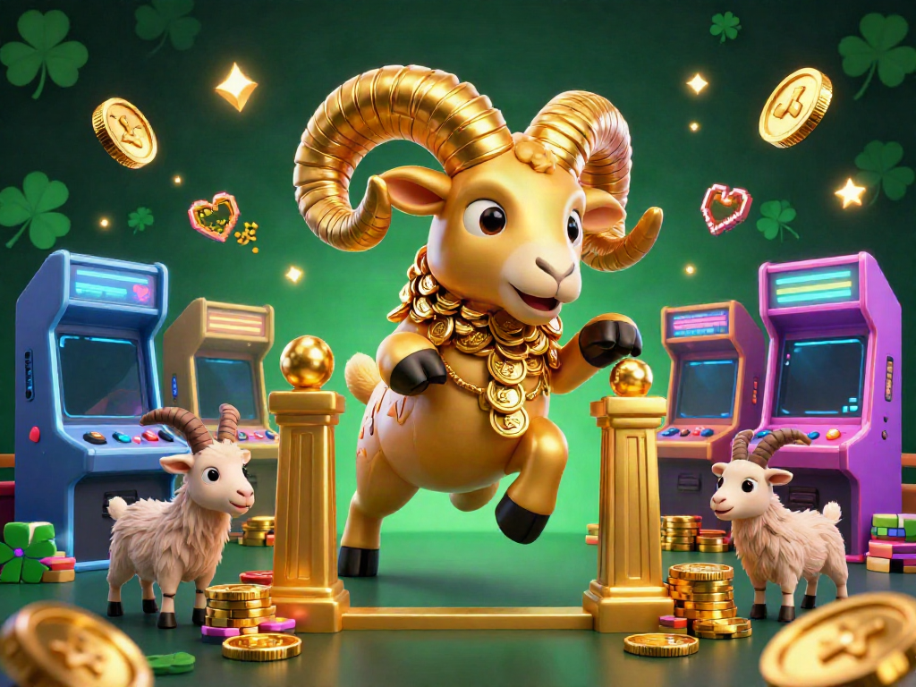 Engage in thrilling gameplay with the ea88 golden ram headbutting coins at a vibrant casino arcade scene.