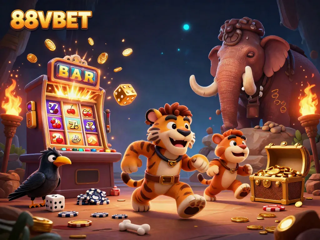 Experience thrilling gameplay and jackpots at 88VBET's dynamic prehistoric casino, featuring vibrant characters.