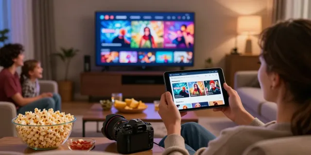 Enjoying movies with the MovieBox Pro APK on a smartphone in a cozy living room.