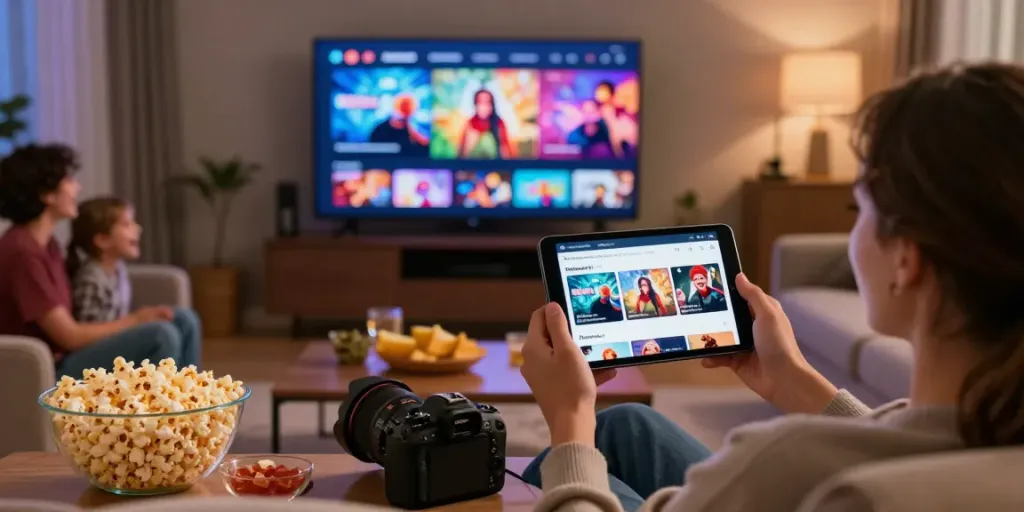 Enjoying movies with the MovieBox Pro APK on a smartphone in a cozy living room.